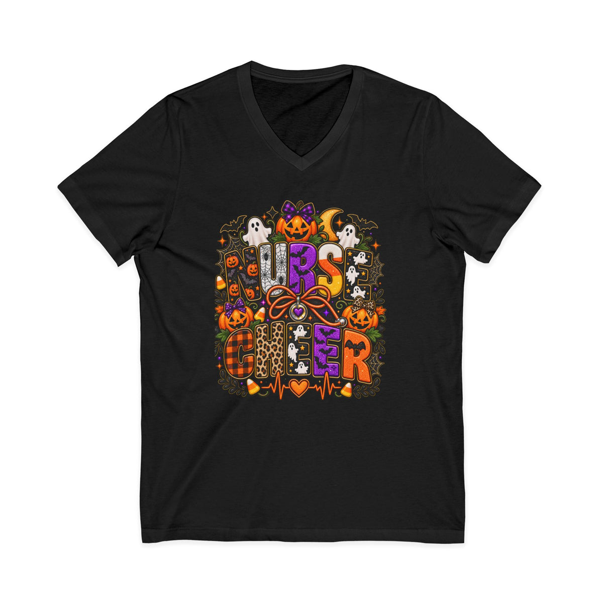 Halloween Sister Graphic V-Neck Tee — Cute Spooky Sisters Pumpkin Bat Design