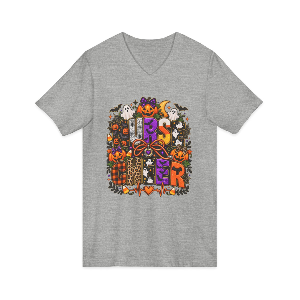 Halloween Sister Graphic V-Neck Tee — Cute Spooky Sisters Pumpkin Bat Design