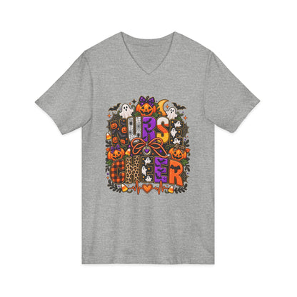 Halloween Sister Graphic V-Neck Tee — Cute Spooky Sisters Pumpkin Bat Design