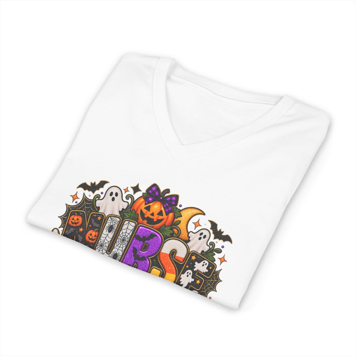 Halloween Sister Graphic V-Neck Tee — Cute Spooky Sisters Pumpkin Bat Design