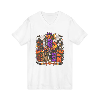 Halloween Sister Graphic V-Neck Tee — Cute Spooky Sisters Pumpkin Bat Design