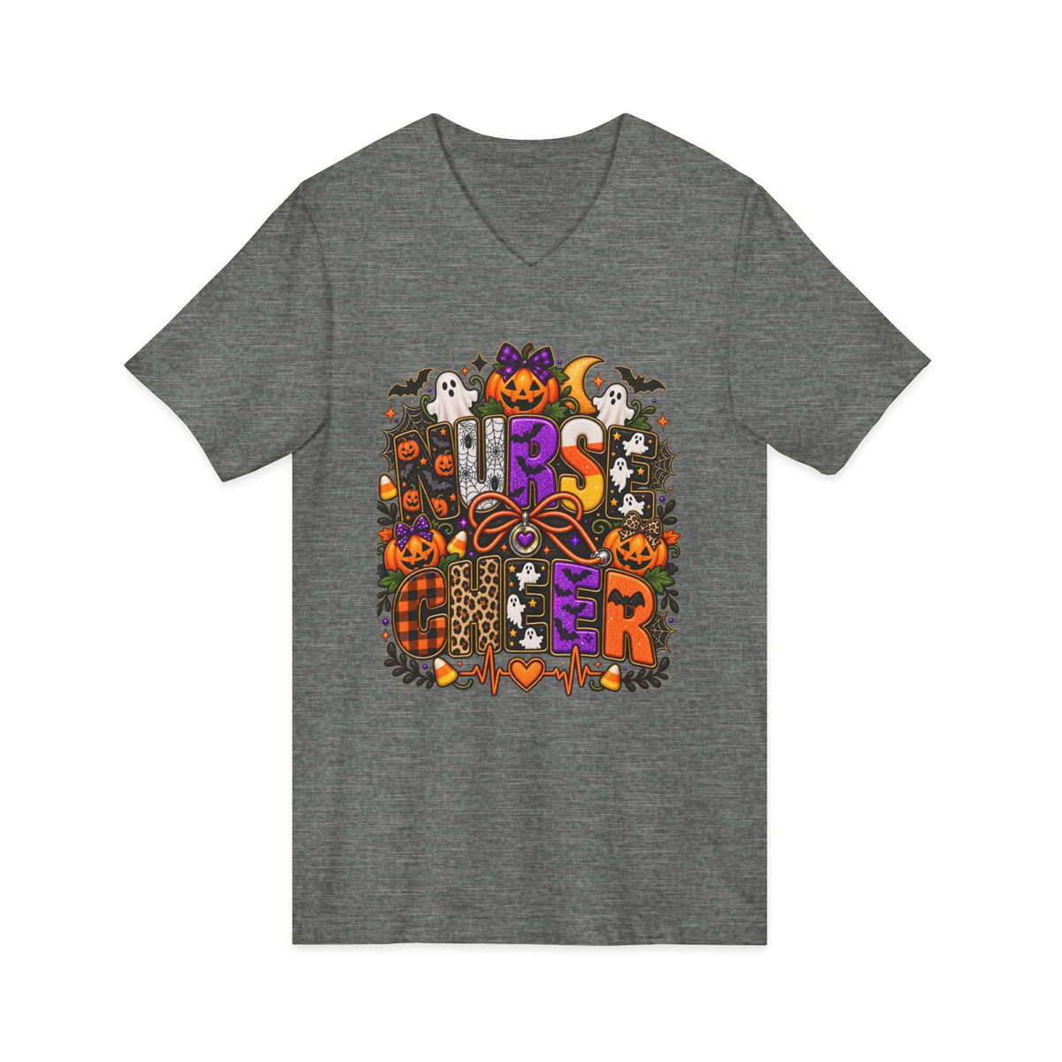 Halloween Sister Graphic V-Neck Tee — Cute Spooky Sisters Pumpkin Bat Design