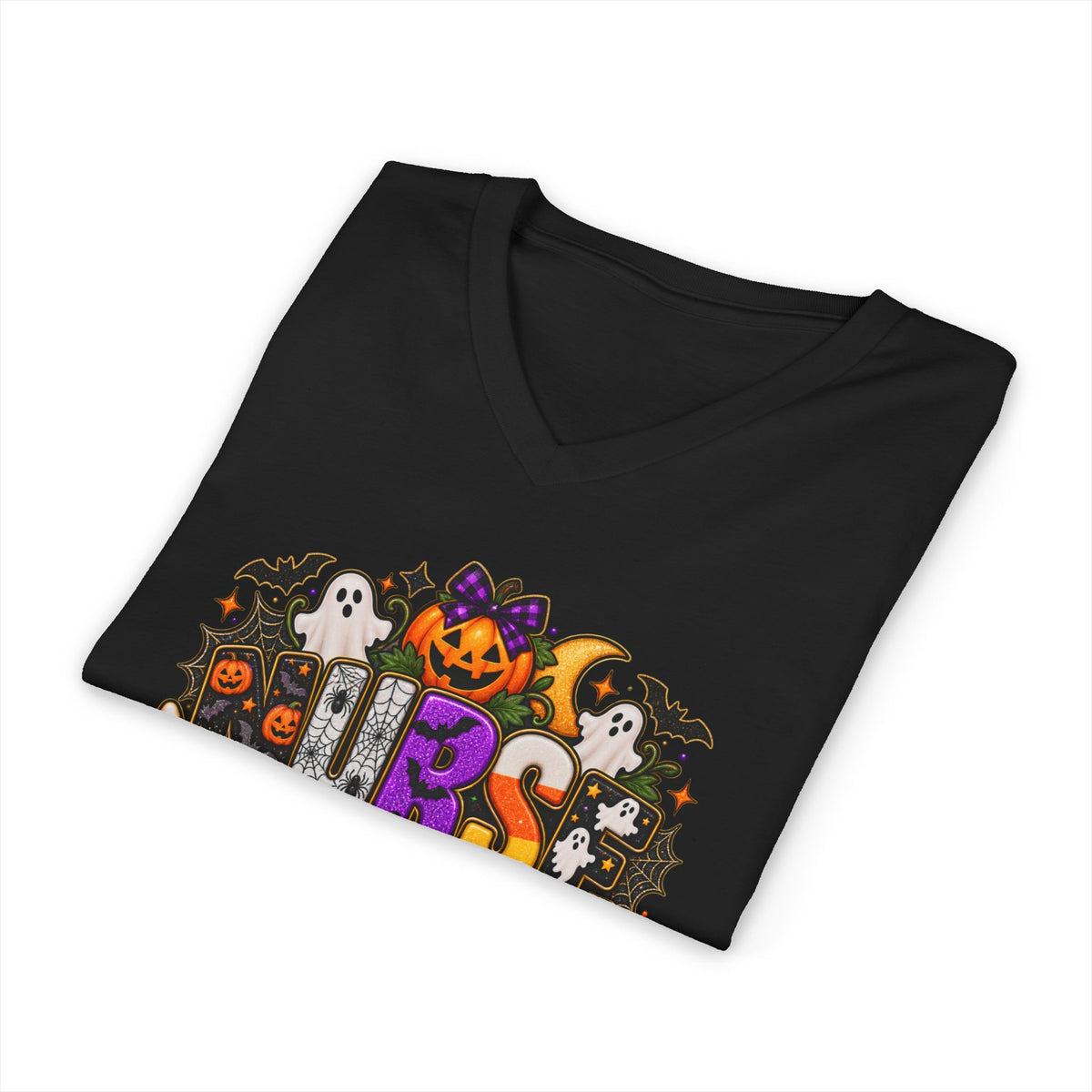 Halloween Sister Graphic V-Neck Tee — Cute Spooky Sisters Pumpkin Bat Design