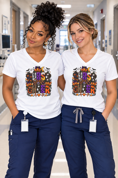 Halloween Sister Graphic V-Neck Tee — Cute Spooky Sisters Pumpkin Bat Design