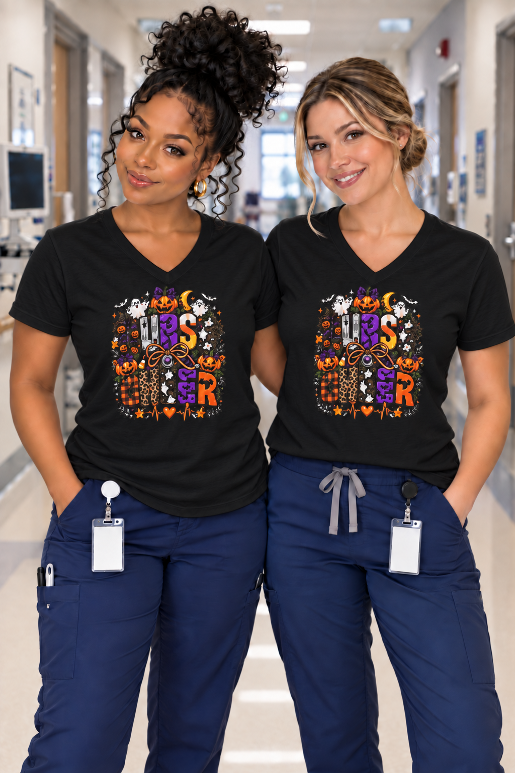 Halloween Sister Graphic V-Neck Tee — Cute Spooky Sisters Pumpkin Bat Design