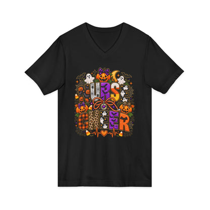 Halloween Sister Graphic V-Neck Tee — Cute Spooky Sisters Pumpkin Bat Design