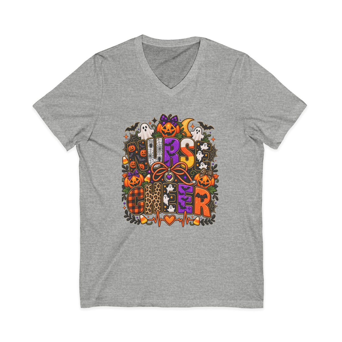 Halloween Sister Graphic V-Neck Tee — Cute Spooky Sisters Pumpkin Bat Design