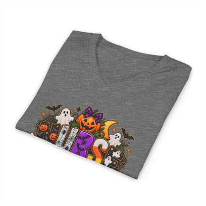 Halloween Sister Graphic V-Neck Tee — Cute Spooky Sisters Pumpkin Bat Design