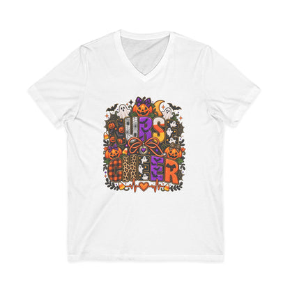 Halloween Sister Graphic V-Neck Tee — Cute Spooky Sisters Pumpkin Bat Design
