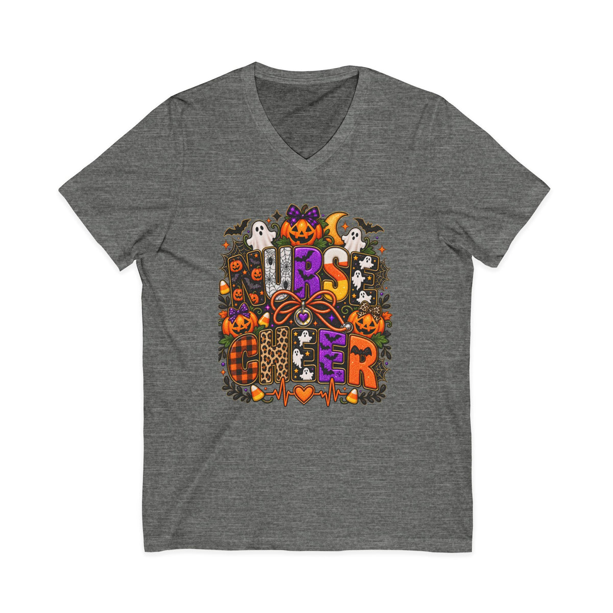 Halloween Sister Graphic V-Neck Tee — Cute Spooky Sisters Pumpkin Bat Design