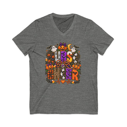Halloween Sister Graphic V-Neck Tee — Cute Spooky Sisters Pumpkin Bat Design