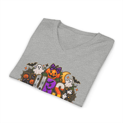 Halloween Sister Graphic V-Neck Tee — Cute Spooky Sisters Pumpkin Bat Design